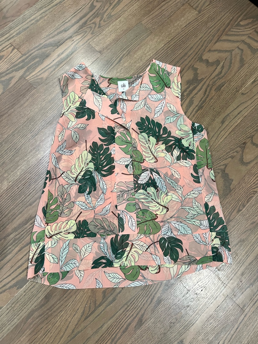 CAbi Peach Green Tropical Leaf Sleeveless Blouse